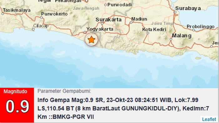 Gempa darat M 0,9 di Gunungkidul, Senin (23/10/2023).