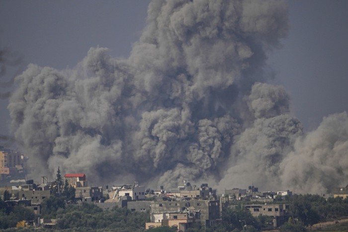 Smoke rises following an Israeli airstrike in the Gaza Strip, as seen from southern Israel, Monday, Oct. 23, 2023. (AP Photo/Ariel Schalit)