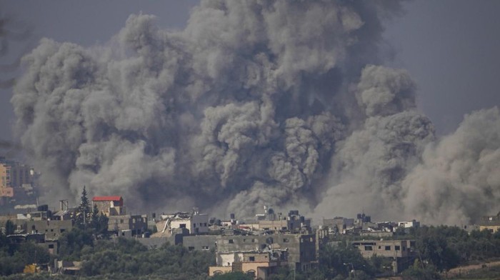 Smoke rises following an Israeli airstrike in the Gaza Strip, as seen from southern Israel, Monday, Oct. 23, 2023. (AP Photo/Ariel Schalit)
