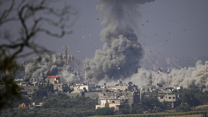 Smoke rises following an Israeli airstrike in the Gaza Strip, as seen from southern Israel, Monday, Oct. 23, 2023. (AP Photo/Ariel Schalit)