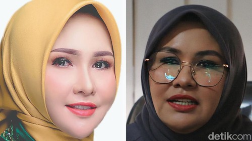 Kolase perbandingan foto Evi Apita Maya untuk kertas suara Pileg DPD RI dengan wajah aslinya.