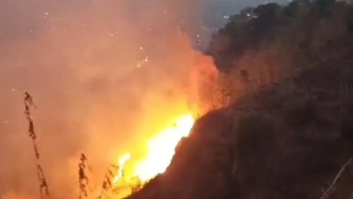Nyala api yang membakar kawasan bukit menoreh di Kalibawang, Kulon Progo, Senin (23/10/2023).
