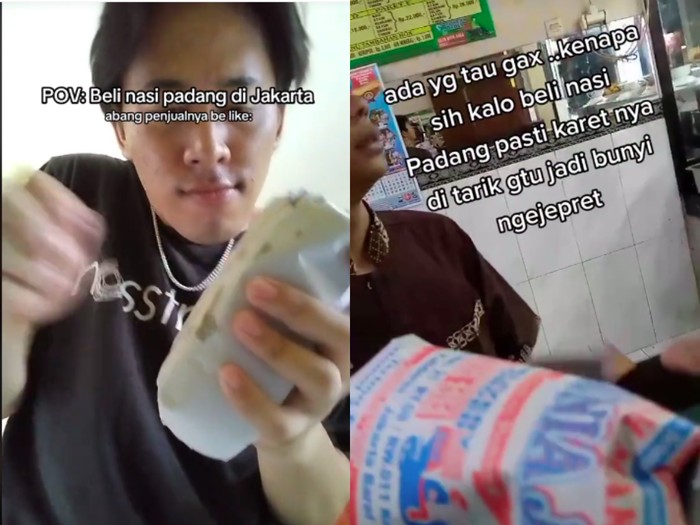 Pelayan restoran Padang selalu menjepretkan karet saat bungkus makanan