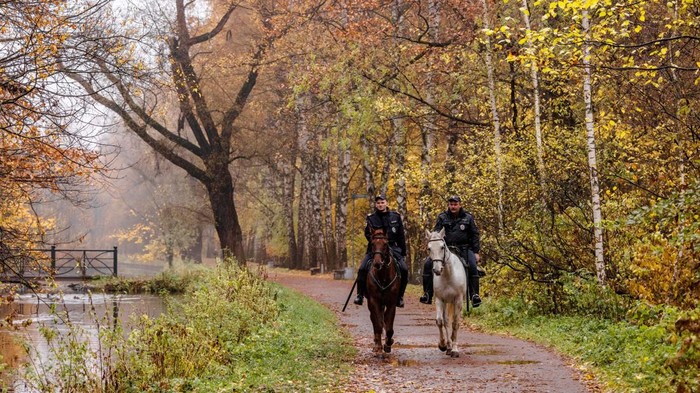 Police officers patrol on horseback in a park during a foggy day in Moscow, Russia October 23, 2023. REUTERS/Maxim Shemetov