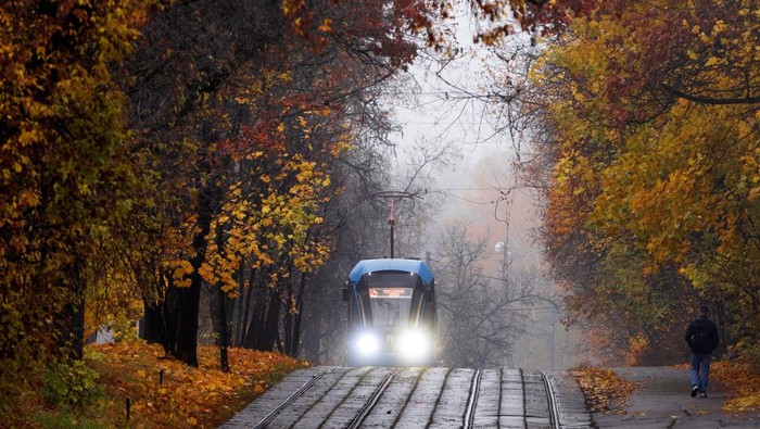 Temaramnya Suasana Musim Gugur di Moskow Police officers patrol on horseback in a park during a foggy day in Moscow, Russia October 23, 2023. REUTERS/Maxim Shemetov