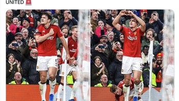 Maguire pun mencetak gol lewat sundulan yang membuat MU menang dan memperpanjang napas di Liga Champions. Foto: Twitter