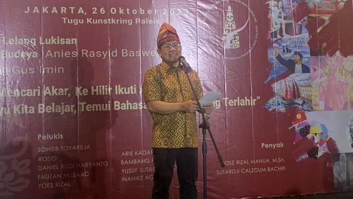 Cak Imin dalam sambutannya di acara Pameran Kebudayaan di Tugu Kunstring, Menteng, Jakarta Pusat, Kamis (26/10/2023).