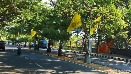 Bendera Partai Golkar kembali terpasang di sepanjang Jalan Raya Veteran, Karangasem pada Jumat (27/10/2023).