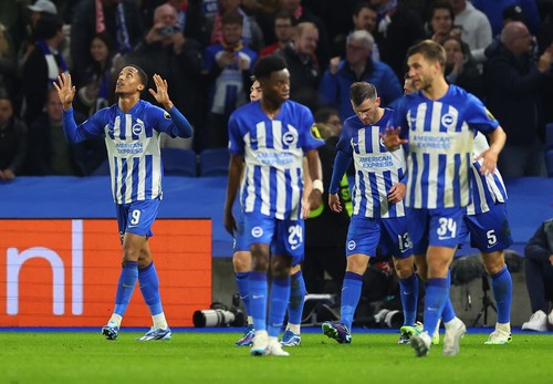 Soccer Football - Europa League - Group B - Brighton & Hove Albion v Ajax Amsterdam - The American Express Community Stadium, Brighton, Britain - October 26, 2023 Brighton & Hove Albions Joao Pedro celebrates scoring their first goal REUTERS/Toby Melville