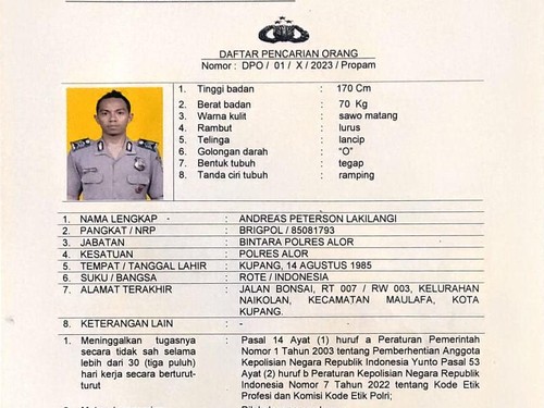 Brigpol Andreas Peterson Lakilangi kini masuk dalam daftar pencarian orang (DPO).
