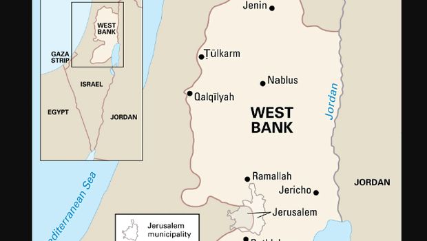 Letak Jalur Gaza (Gaza Strip) dan Tepi Barat (West Bank) dalam peta.