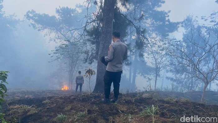 Petugas memadamkan kebakaran Gunung Merbabu di wilayah Semarang, Jumat (27/10/2023).