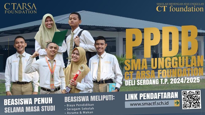 Poster penerimaan peserta didik baru dan beasiswa penuh SMAU CT Arsa Foundation
