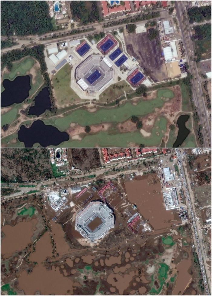 Potret Satelit Ungkap Kondisi Before-After Badai Terjang Meksiko A combination picture shows beach road and buildings before and after damage caused by Hurricane Otis in Acapulco, Mexico October 4, 2023 and October 26, 2023. Maxar Technologies/Handout via REUTERS THIS IMAGE HAS BEEN SUPPLIED BY A THIRD PARTY. MANDATORY CREDIT. NO RESALES. NO ARCHIVES. MUST NOT OBSCURE LOGO