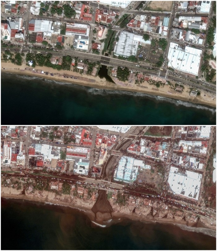 Potret Satelit Ungkap Kondisi Before-After Badai Terjang Meksiko A combination picture shows beach road and buildings before and after damage caused by Hurricane Otis in Acapulco, Mexico October 4, 2023 and October 26, 2023. Maxar Technologies/Handout via REUTERS THIS IMAGE HAS BEEN SUPPLIED BY A THIRD PARTY. MANDATORY CREDIT. NO RESALES. NO ARCHIVES. MUST NOT OBSCURE LOGO