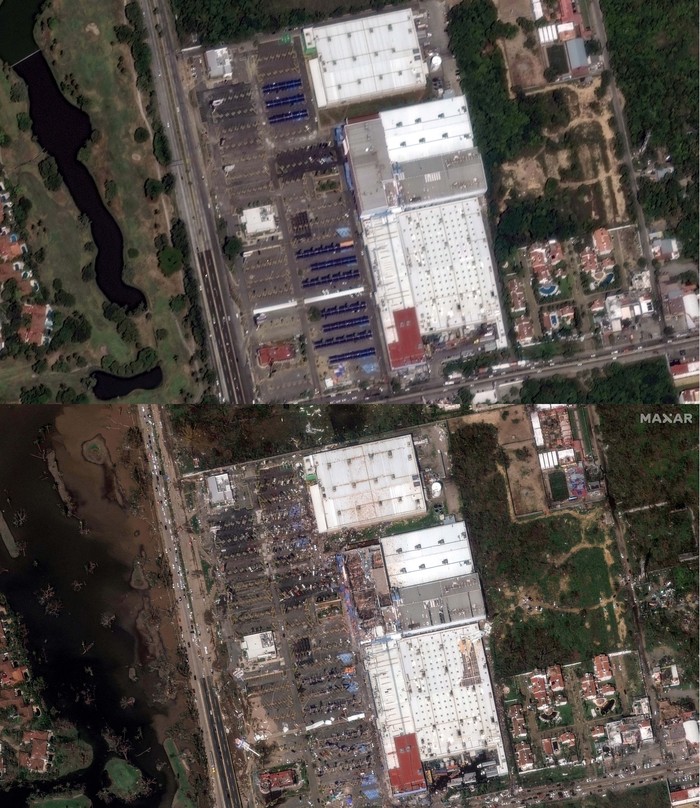 Potret Satelit Ungkap Kondisi Before-After Badai Terjang Meksiko A combination picture shows beach road and buildings before and after damage caused by Hurricane Otis in Acapulco, Mexico October 4, 2023 and October 26, 2023. Maxar Technologies/Handout via REUTERS THIS IMAGE HAS BEEN SUPPLIED BY A THIRD PARTY. MANDATORY CREDIT. NO RESALES. NO ARCHIVES. MUST NOT OBSCURE LOGO