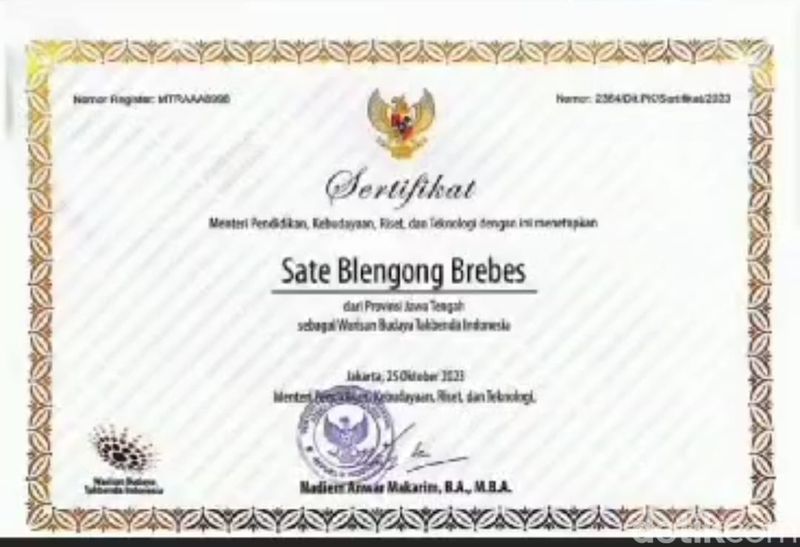 Sate Blengong khas Kota Brebes. Foto diunggah Jumat (27/10/2023).