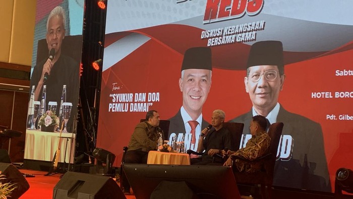 Bacapres 2024 Ganjar Pranowo di acara Deklarasi Relawan Damai Sejahtera (Ganjar-Mahfud) di Hotel Borobudur, Menteng, Jakarta Pusat, Sabtu (28/10/2023).