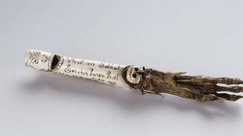 Dibuat sekitar abad ke-19, heksenfluit ini adalah peluit, meskipun dibuat dari sisa-sisa kerangka tikus. Konon digunakan oleh para penyihir, heksenfluit diyakini mengandung prasasti yang dimaksudkan untuk mengusir hewan pengerat pembawa wabah. Foto: Ranker