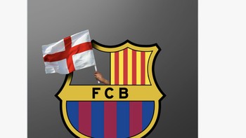 Logo bendera Inggris di Barcelona berkibar sendiri. Bellingham adalah warga kenegaraan Inggris. Foto: Twitter