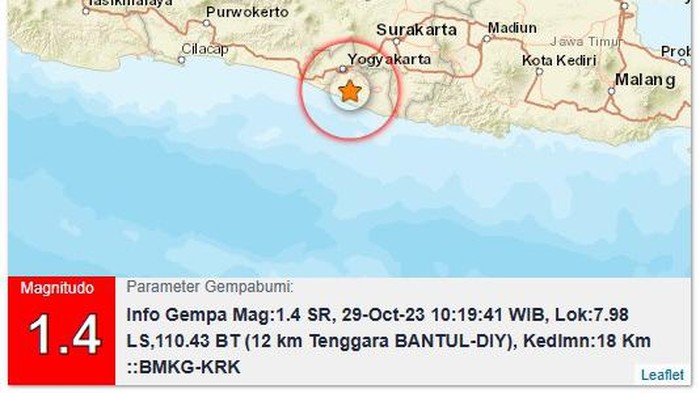 Gempa Darat M 1,4 Terjadi di Bantul, Minggu (29/10/2023).