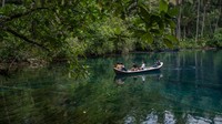 Pengunjung menggunakan perahu berwisata di Danau Paisupok, Desa Lukpanenteng, Banggai Kepulauan (Bangkep), Sulawesi Tengah, Minggu (29/10/2023). Danau Paisupok tak seperti danau pada umumnya karena masih sangat asri dengan air yang jernih.  