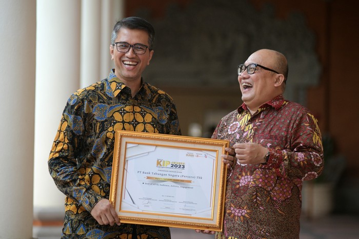 PT Bank Tabungan Negara (Persero) Tbk, meraih penghargaan badan publik Best Digital 5.0 Keterbukaan Informasi Publik (KIP) Awards 2023 untuk kelompok Jasa Keuangan Perbankan.