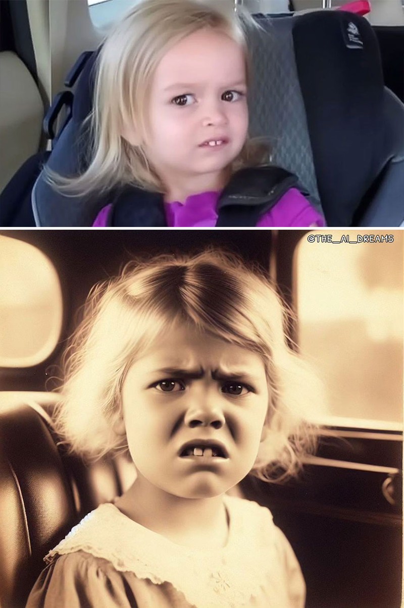 Bagaimana jadinya kalau meme yang kita lihat sehari-hari, gambarnya dipoles dengan AI dan dibuat seperti foto masa lalu. Menurut kalian lebih lucu yang mana?