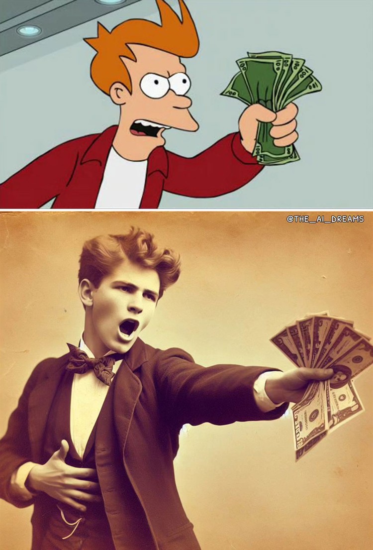 Bagaimana jadinya kalau meme yang kita lihat sehari-hari, gambarnya dipoles dengan AI dan dibuat seperti foto masa lalu. Menurut kalian lebih lucu yang mana?