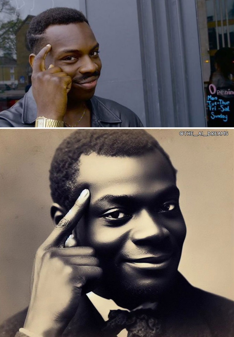 Bagaimana jadinya kalau meme yang kita lihat sehari-hari, gambarnya dipoles dengan AI dan dibuat seperti foto masa lalu. Menurut kalian lebih lucu yang mana?