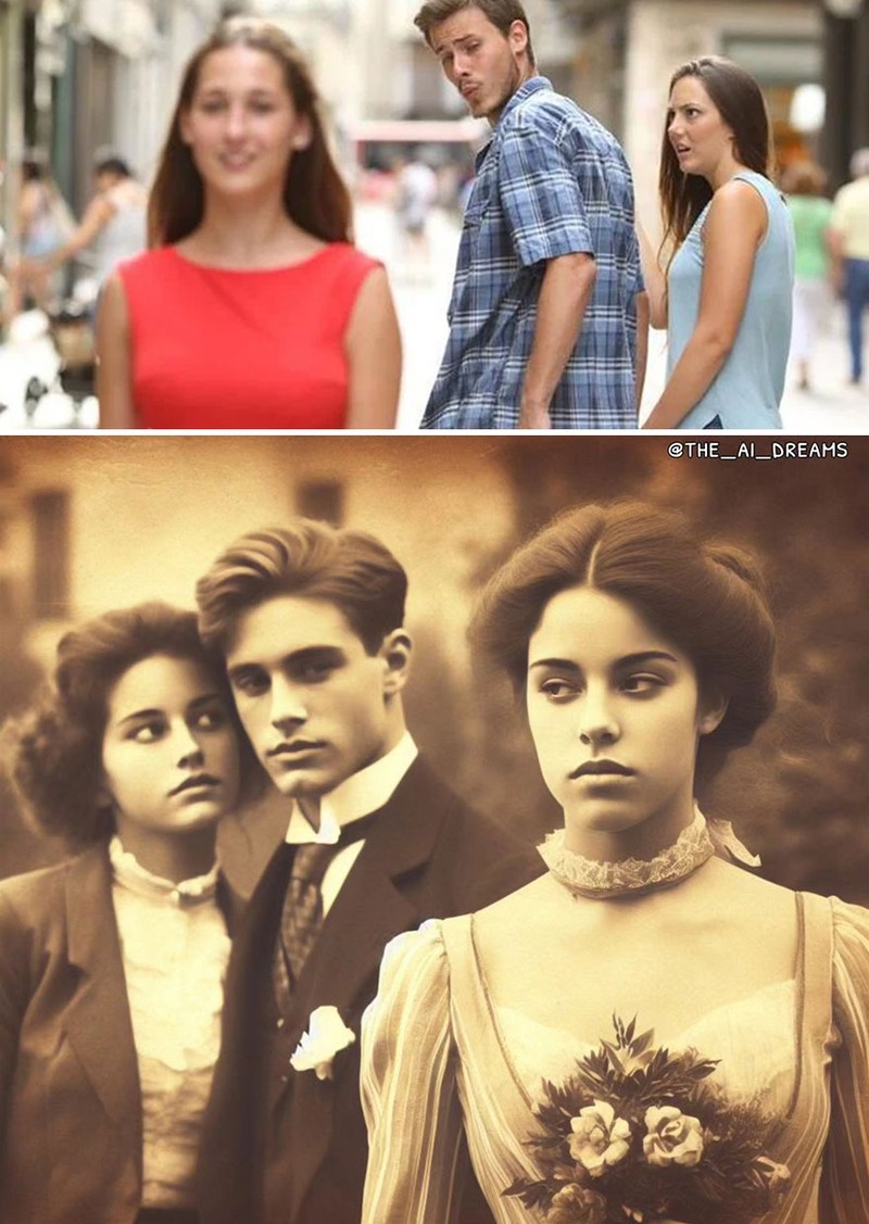 Bagaimana jadinya kalau meme yang kita lihat sehari-hari, gambarnya dipoles dengan AI dan dibuat seperti foto masa lalu. Menurut kalian lebih lucu yang mana?