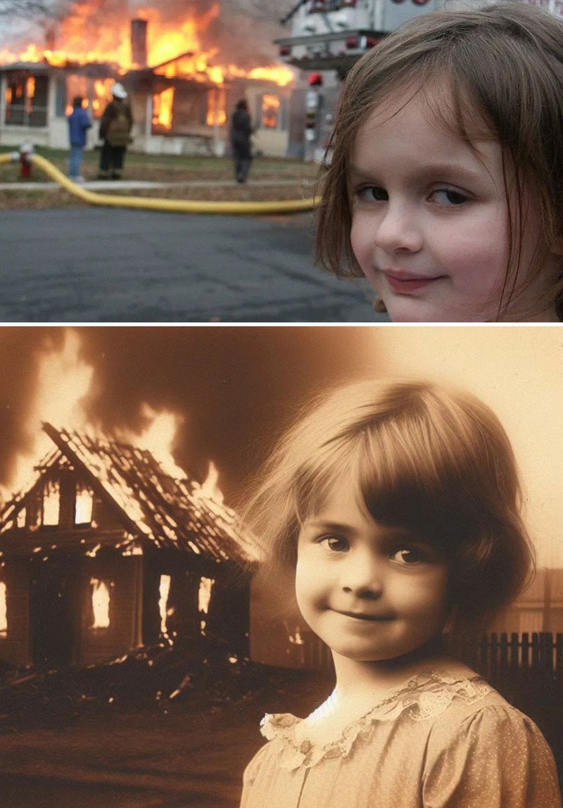 Bagaimana jadinya kalau meme yang kita lihat sehari-hari, gambarnya dipoles dengan AI dan dibuat seperti foto masa lalu. Menurut kalian lebih lucu yang mana?