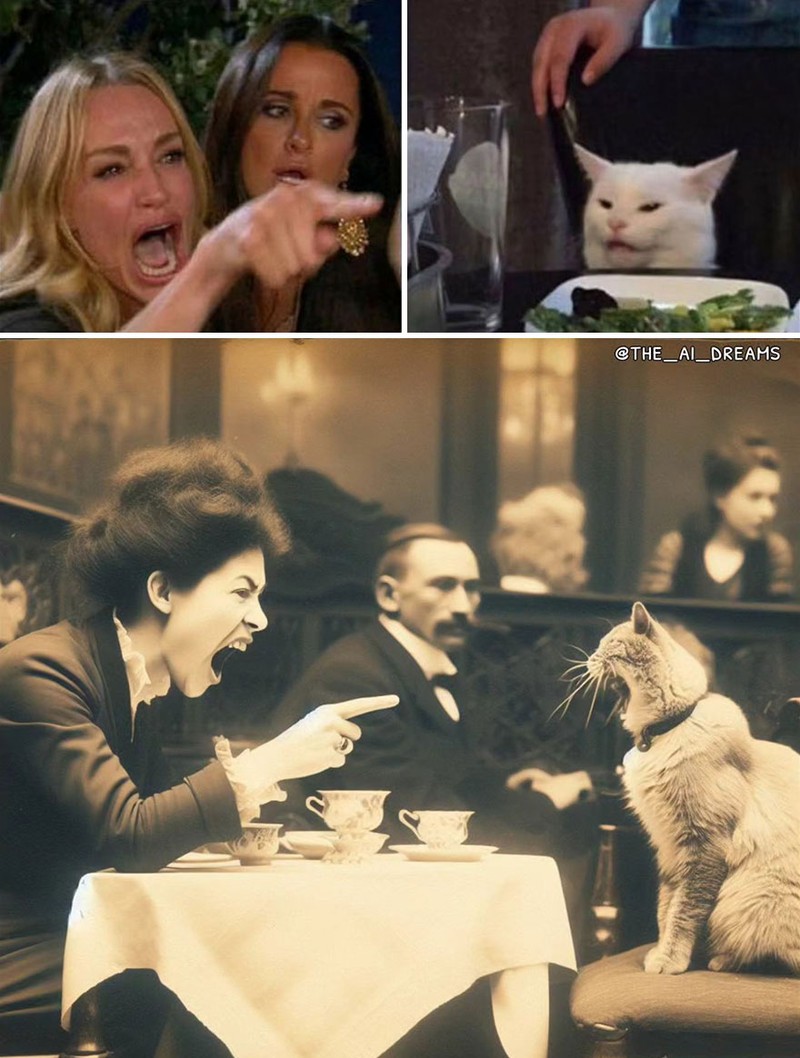 Bagaimana jadinya kalau meme yang kita lihat sehari-hari, gambarnya dipoles dengan AI dan dibuat seperti foto masa lalu. Menurut kalian lebih lucu yang mana?