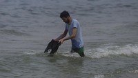 Seorang pria mencuci baju di pantai Deir al-Balah, Jalur Gaza Tengah, Minggu (29/10/2023).  