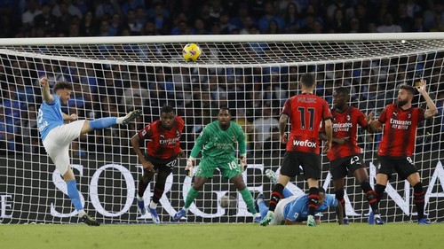 Soccer Football - Serie A - Napoli v AC Milan - Stadio Diego Armando Maradona, Naples, Italy - October 29, 2023 Napolis Amir Rrahmani shoots at goal REUTERS/Ciro De Luca