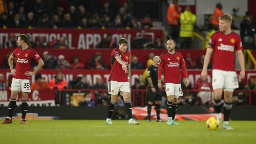 Manchester United players react after Manchester Citys Erling Haaland scored his sides second goal during the English Premier League soccer match between Manchester United and Manchester City at Old Trafford stadium in Manchester, England, Sunday, Oct. 29, 2023. (AP Photo/Dave Thompson)