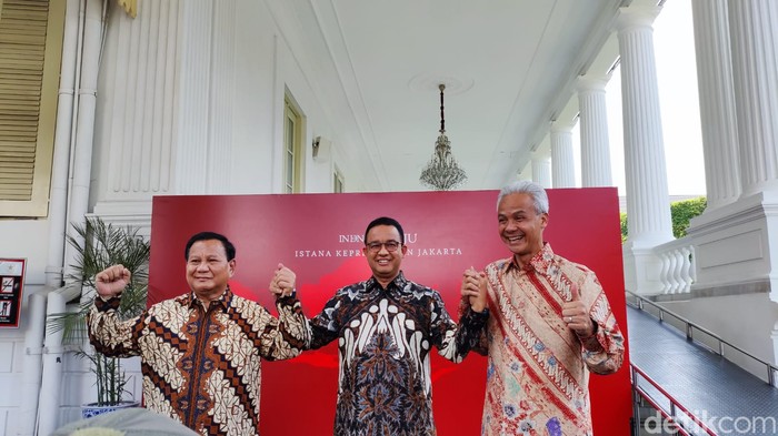Prabowo, Anies dan Ganjar usai makan siang bareng Presiden Jokowi. (Marlinda Erwanti/detikcom).