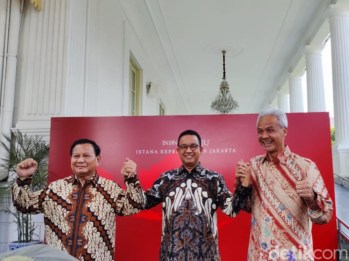 Prabowo, Anies dan Ganjar usai makan siang bareng Presiden Jokowi. (Marlinda Erwanti/detikcom).