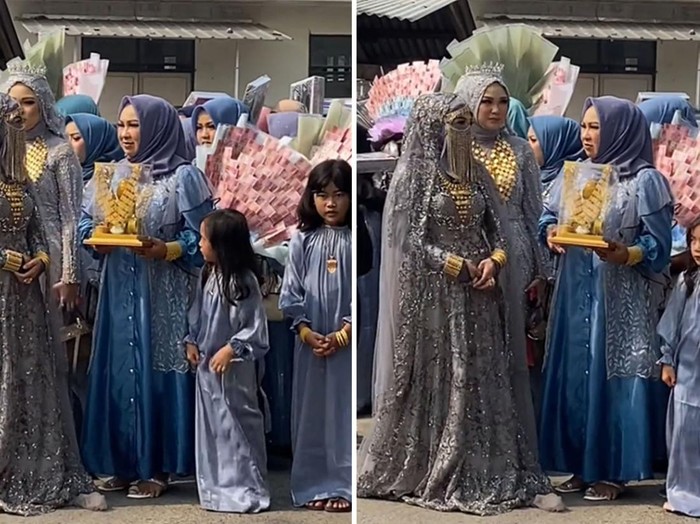 Viral rombongan yang membawa seserahan mengenakan busana heboh, bikin warganet salfok.