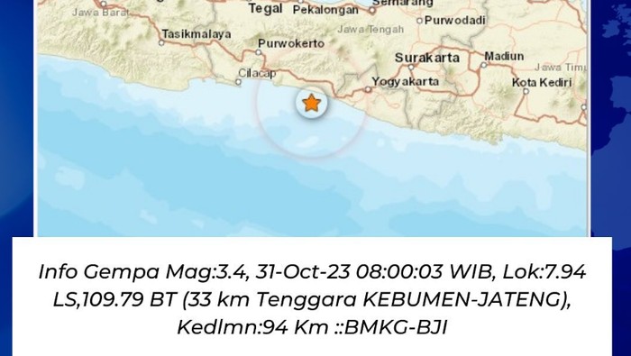 Gempa M 3,4 di tenggara Kebumen, Selasa (31/10/2023).