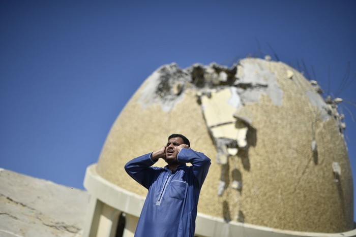 KHAN YUNIS, GAZA - OCTOBER 08: A view of destroyed Al Amin Muhammad Mosque hit by Israeli airstrike, in Khan Yunis, southern Gaza Strip on October 08, 2023. (Photo by Abed Zagout/Anadolu Agency via Getty Images)