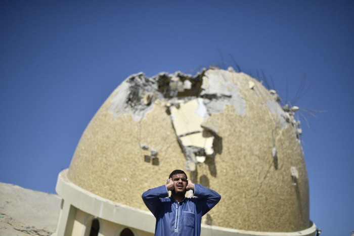 KHAN YUNIS, GAZA - OCTOBER 08: A view of destroyed Al Amin Muhammad Mosque hit by Israeli airstrike, in Khan Yunis, southern Gaza Strip on October 08, 2023. (Photo by Abed Zagout/Anadolu Agency via Getty Images)
