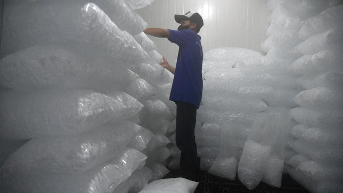 Produksi es batu kristal di Kota Bogor Pekerja mengemas es batu kristal di Inti Ice, Cikaret, Kota Bogor, Jawa Barat, Selasa (31/10/2023). Produksi es batu kristal mengalami peningkatan di musim kemarau dari biasanya sebanyak 700 hingga 800 bal per hari menjadi 1000 hingga 1200 bal per hari untuk memenuhi tingginya pesanan ke sejumlah cafe, restoran dan hotel di wilayah Kota dan Kabupaten Bogor. ANTARA FOTO/Arif Firmansyah/rwa.