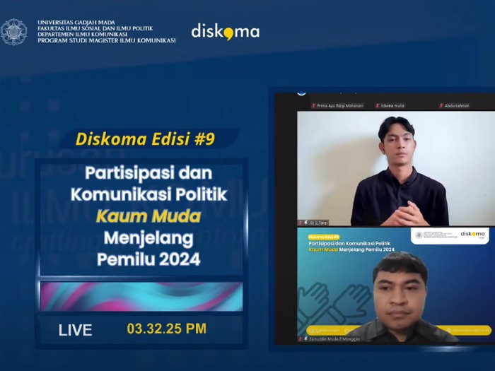 Tangkapan layar acara diskusi Diskoma Edisi-9 yang digelar Prodi Magister Ilmu Komunikasi FISIPOL UGM, Sabtu (28/10/2023).