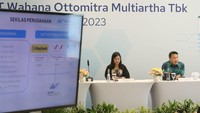 Presiden Direktur PT Wahana Ottomitra Multiartha, Tbk (WOM FInance) Djaja Suryanto Sutandar didampingi Direktur Wibowo, Direktur Cincin Lisa Hadi, Direktur Njauw Vido Onadi dan Direktur Anthony Y. Panggabean saat paparan kinerja perusahaan di Jakarta, Selasa (31/10). 