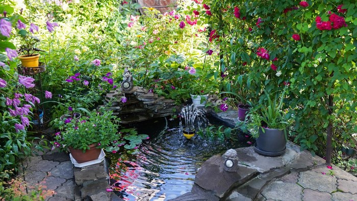 kolam ikan dengan water feature.
