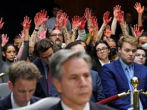 Potret Tangan Berdarah Bela Palestina Muncul di Sidang Senat AS