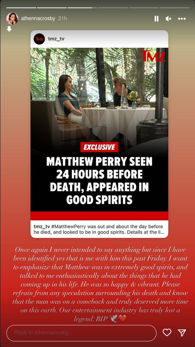 Dalm foto bersama Athenna, Matthew terlihat mengunjungi sebuah restoran dan tampak baik-baik saja. Athenna pun buka suara mengenai kondisi sang aktor dan kebersamaan mereka. Wanita 25 tahun tersebut pun menjelaskan kondisi Matthew yang sebenarnya. Foto: Instagram Athenna Crosby