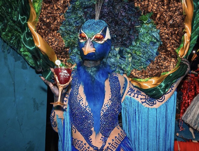 Tangannya dicat dengan warna biru dan hijau dan dihias untuk menyembunyikan kulitnya. Dia mengenakan sepatu yang terlihat seperti sandal balet, yang menyatu dengan kostum pria yang pahanya dia pijak. “Sepatunya agak terlalu ketat tapi perlu pegangan yang baik,” ungkap Heidi. Foto: Dok. Instagram/@heidiklum