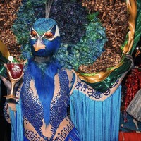 Tangannya dicat dengan warna biru dan hijau dan dihias untuk menyembunyikan kulitnya. Dia mengenakan sepatu yang terlihat seperti sandal balet, yang menyatu dengan kostum pria yang pahanya dia pijak. “Sepatunya agak terlalu ketat tapi perlu pegangan yang baik,” ungkap Heidi. Foto: Dok. Instagram/@heidiklum